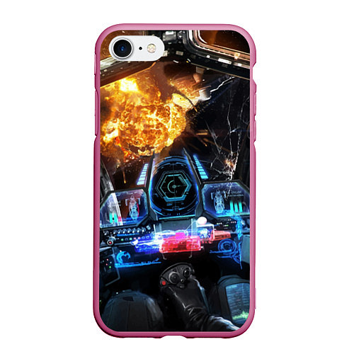 Чехол iPhone 7/8 матовый Космическая схватка из кабины пилота / 3D-Малиновый – фото 1