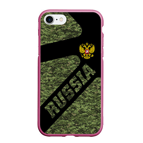 Чехол iPhone 7/8 матовый Камуфляж - RUSSIA / 3D-Малиновый – фото 1