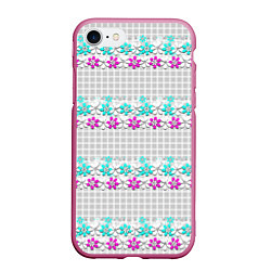Чехол iPhone 7/8 матовый Цветочный узор бирюзово-розовый на сером клетчатом, цвет: 3D-малиновый