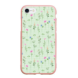 Чехол iPhone 7/8 матовый Акварельные растения на зеленой клетке, цвет: 3D-светло-розовый
