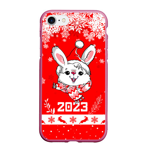 Чехол iPhone 7/8 матовый Праздничный кролик 2023 / 3D-Малиновый – фото 1
