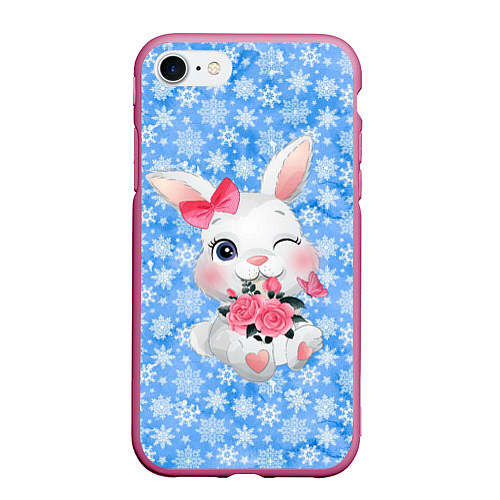 Чехол iPhone 7/8 матовый Зайка с цветами на фоне снежинок / 3D-Малиновый – фото 1