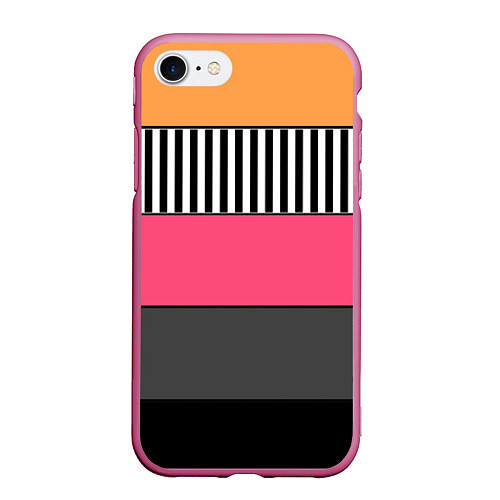 Чехол iPhone 7/8 матовый Полосатый узор желтые розовые черные полосы / 3D-Малиновый – фото 1