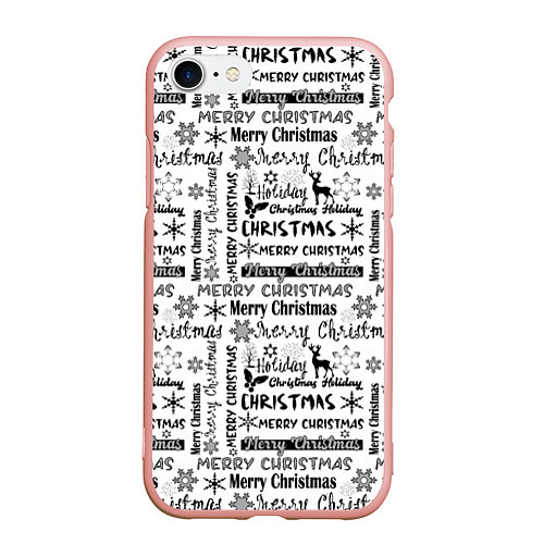 Чехол iPhone 7/8 матовый Черно белый рождественский текстовый узор / 3D-Светло-розовый – фото 1