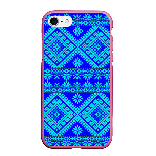Чехол iPhone 7/8 матовый Сине-голубые узоры - вышивка / 3D-Малиновый – фото 1