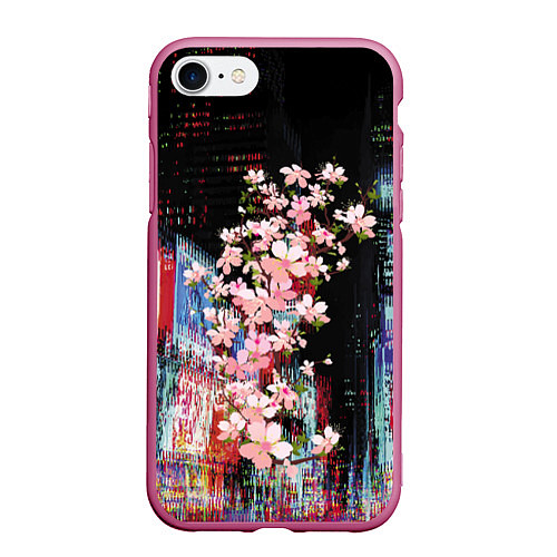 Чехол iPhone 7/8 матовый Ветка сакуры на фоне ночного Токио - glitch / 3D-Малиновый – фото 1