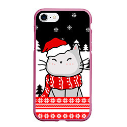 Чехол iPhone 7/8 матовый Новогодний свитер с котиком, цвет: 3D-малиновый