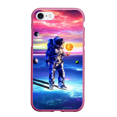 Чехол iPhone 7/8 матовый Космонавт среди планет в виртуальной вселенной / 3D-Малиновый – фото 1