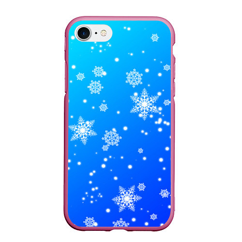 Чехол iPhone 7/8 матовый Снежинки на голубом фоне / 3D-Малиновый – фото 1