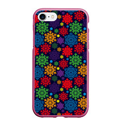 Чехол iPhone 7/8 матовый Снежинки разноцветные, цвет: 3D-малиновый