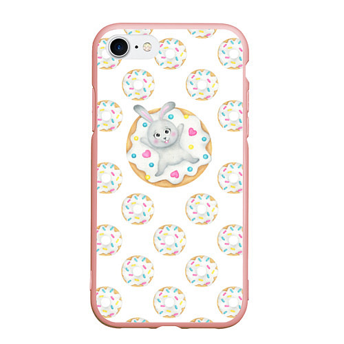 Чехол iPhone 7/8 матовый Кролик сладкоежка с белыми пончиками / 3D-Светло-розовый – фото 1