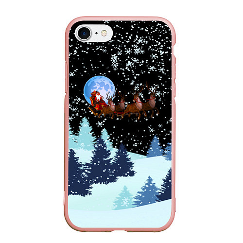 Чехол iPhone 7/8 матовый Санта на оленях в ночном небе / 3D-Светло-розовый – фото 1