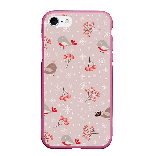 Чехол iPhone 7/8 матовый Птицы снегири и зимние ягоды / 3D-Малиновый – фото 1