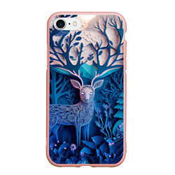 Чехол iPhone 7/8 матовый Объемная иллюстрация из бумаги лес и олень на сине, цвет: 3D-светло-розовый