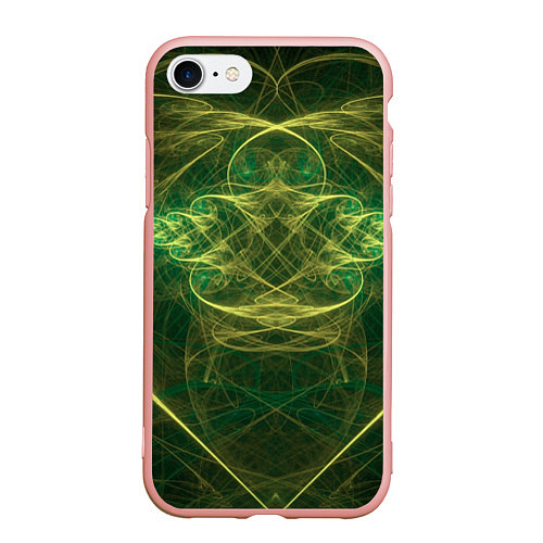 Чехол iPhone 7/8 матовый Зелёно-жёлтый волнообразные линии во тьме / 3D-Светло-розовый – фото 1