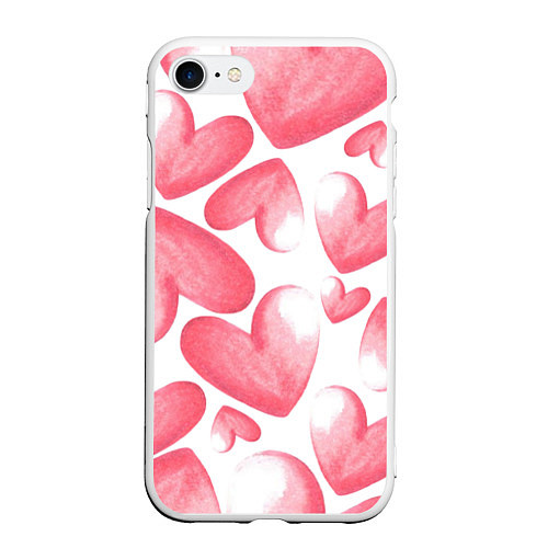 Чехол iPhone 7/8 матовый Розовые акварельные сердца - паттерн / 3D-Белый – фото 1