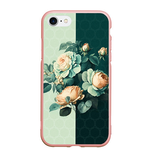 Чехол iPhone 7/8 матовый Розы на зеленом фоне / 3D-Светло-розовый – фото 1