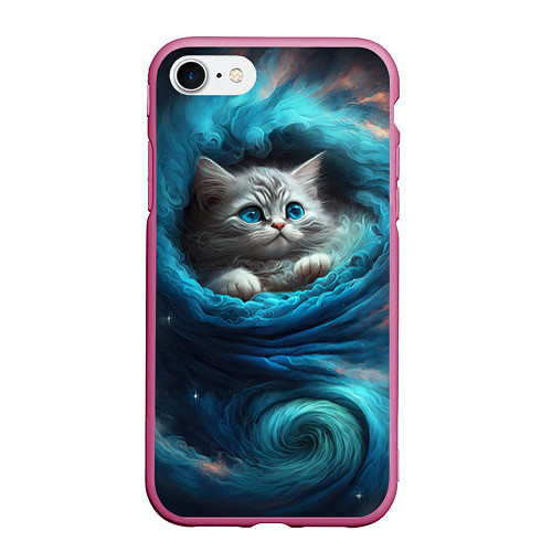 Чехол iPhone 7/8 матовый Котик в звездных облаках / 3D-Малиновый – фото 1