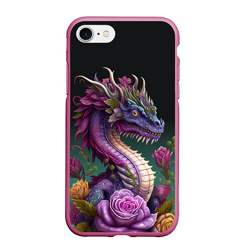 Чехол iPhone 7/8 матовый Неоновый дракон с цветами / 3D-Малиновый – фото 1