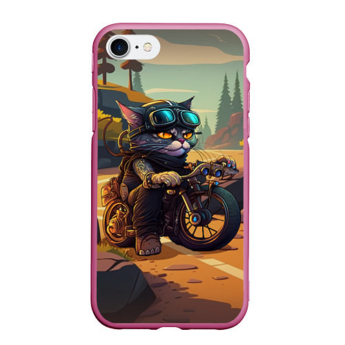 Чехол iPhone 7/8 матовый Кот на мотоцикле - байкер / 3D-Малиновый – фото 1