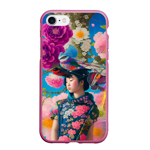 Чехол iPhone 7/8 матовый Девочка с птицами среди цветов - мскусство / 3D-Малиновый – фото 1