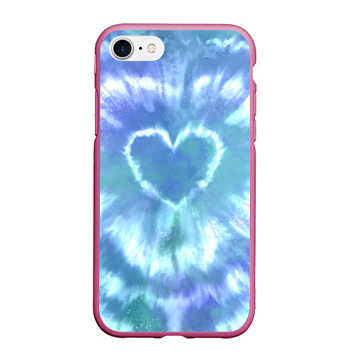 Чехол iPhone 7/8 матовый Сердце - тай-дай - голубой / 3D-Малиновый – фото 1