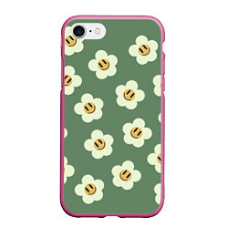 Чехол iPhone 7/8 матовый Цветочки-смайлики: темно-зеленый паттерн, цвет: 3D-малиновый