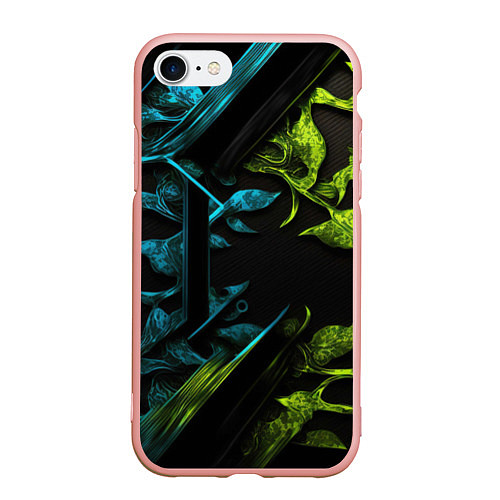 Чехол iPhone 7/8 матовый Зеленые и синие абстрактные листья / 3D-Светло-розовый – фото 1