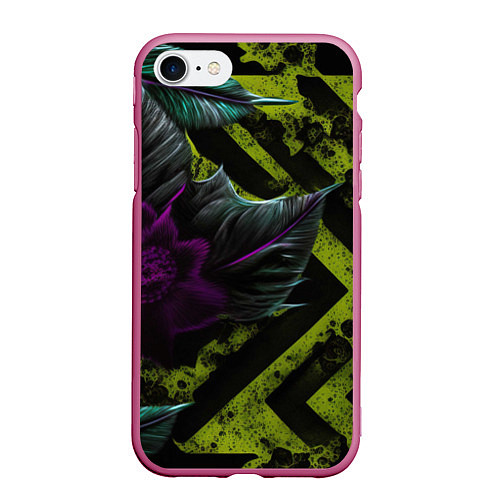 Чехол iPhone 7/8 матовый Фиолетовый цветок и зеленые абстрактные листья / 3D-Малиновый – фото 1