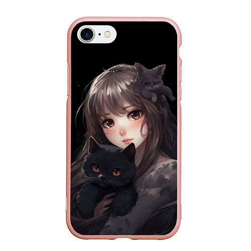 Чехол iPhone 7/8 матовый Девушка с черной кошкой / 3D-Светло-розовый – фото 1