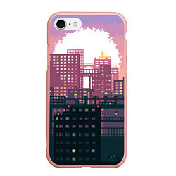 Чехол iPhone 7/8 матовый Пиксельный пейзаж города - закат, цвет: 3D-светло-розовый
