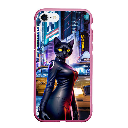 Чехол iPhone 7/8 матовый Модная чёрная кошечка в Нью-Йорке / 3D-Малиновый – фото 1