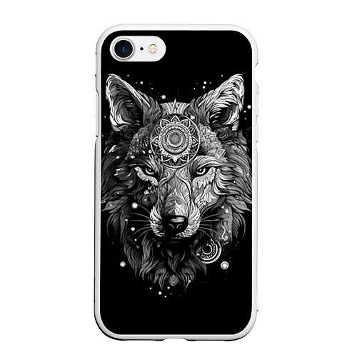 Чехол iPhone 7/8 матовый Волк в черно-белом орнаменте / 3D-Белый – фото 1