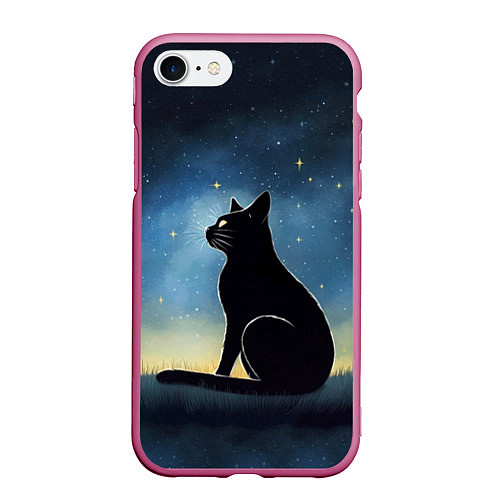 Чехол iPhone 7/8 матовый Черный кот и звезды - акварель / 3D-Малиновый – фото 1
