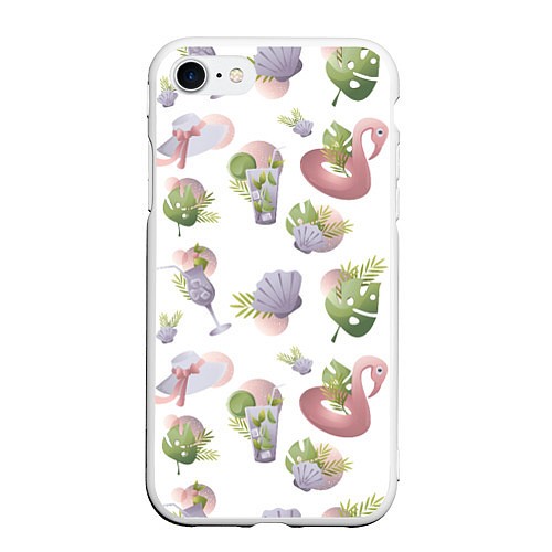 Чехол iPhone 7/8 матовый Пляжный паттерн с коктейлями и фламинго / 3D-Белый – фото 1