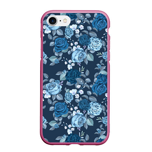 Чехол iPhone 7/8 матовый Голубые розы паттерн / 3D-Малиновый – фото 1