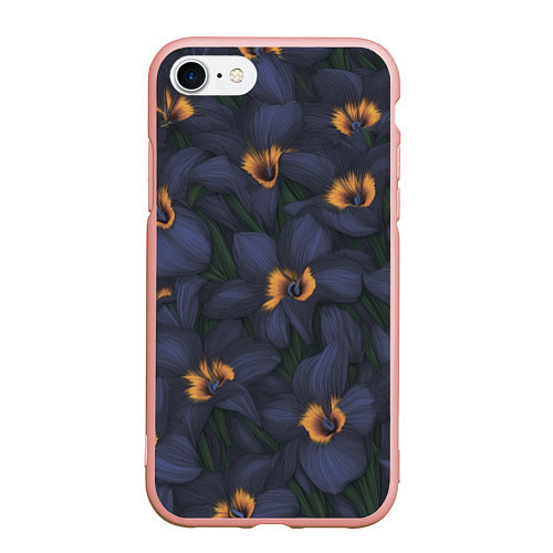 Чехол iPhone 7/8 матовый Темно-синие цветы / 3D-Светло-розовый – фото 1