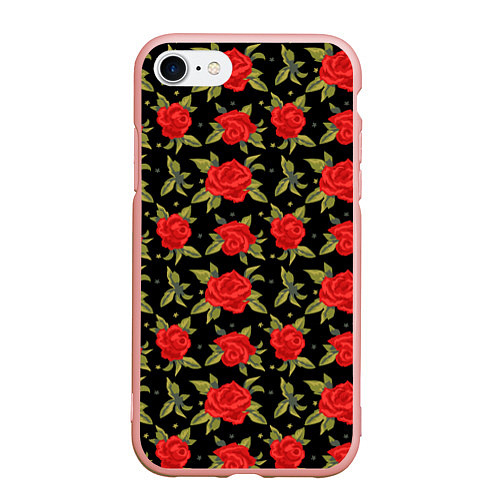 Чехол iPhone 7/8 матовый Красные розы паттерн / 3D-Светло-розовый – фото 1