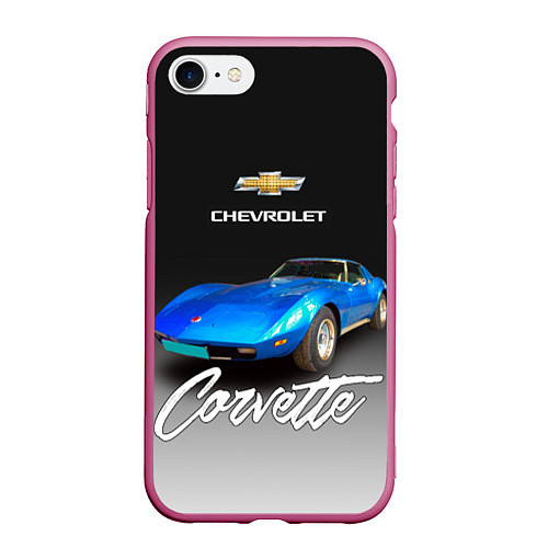 Чехол iPhone 7/8 матовый Синий Chevrolet Corvette 70-х годов / 3D-Малиновый – фото 1