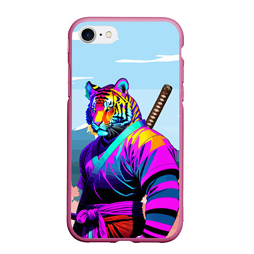 Чехол iPhone 7/8 матовый Тигр-самурай - Япония / 3D-Малиновый – фото 1