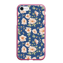 Чехол iPhone 7/8 матовый Розовые пионы на синем фоне, цвет: 3D-малиновый