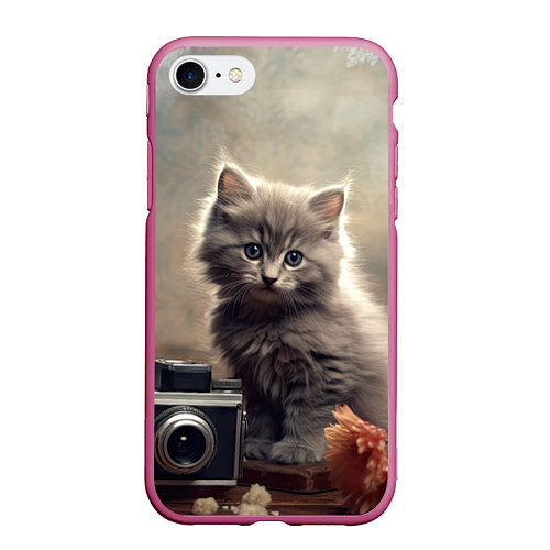 Чехол iPhone 7/8 матовый Серый котенок, винтажное фото / 3D-Малиновый – фото 1