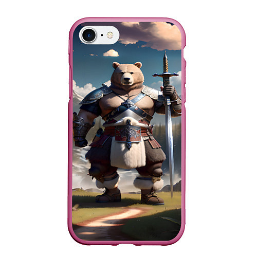 Чехол iPhone 7/8 матовый Медведь берсерк с двуручным мечом / 3D-Малиновый – фото 1