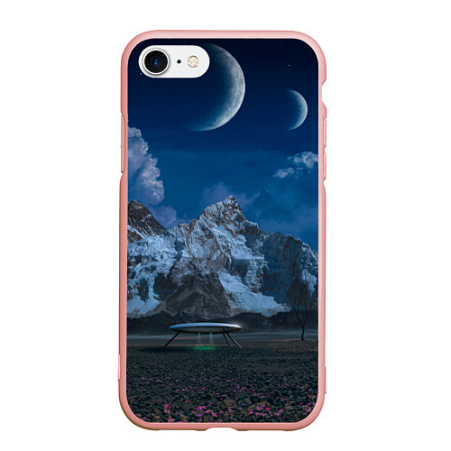 Чехол iPhone 7/8 матовый Ночные горы в природе и небо с нло / 3D-Светло-розовый – фото 1