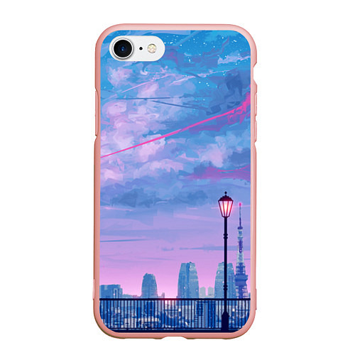 Чехол iPhone 7/8 матовый Город и красочное небо / 3D-Светло-розовый – фото 1