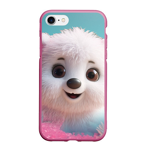 Чехол iPhone 7/8 матовый Белый пушистый медвежонок / 3D-Малиновый – фото 1