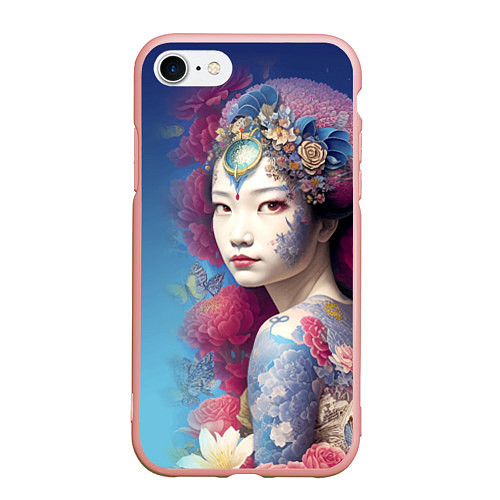 Чехол iPhone 7/8 матовый Japanese girl - irezumi - tattoo - art / 3D-Светло-розовый – фото 1