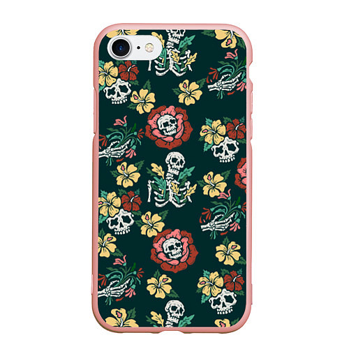 Чехол iPhone 7/8 матовый Скелеты и черепа среди цветов / 3D-Светло-розовый – фото 1