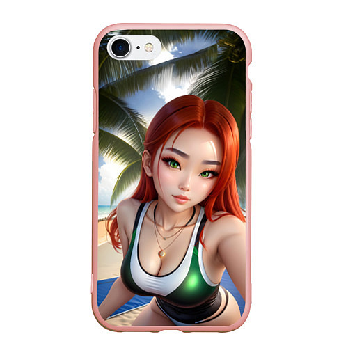 Чехол iPhone 7/8 матовый Девушка с рыжими волосами на пляже / 3D-Светло-розовый – фото 1