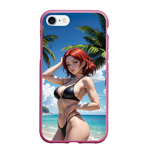 Чехол iPhone 7/8 матовый Девушка с рыжими волосами на пляже / 3D-Малиновый – фото 1